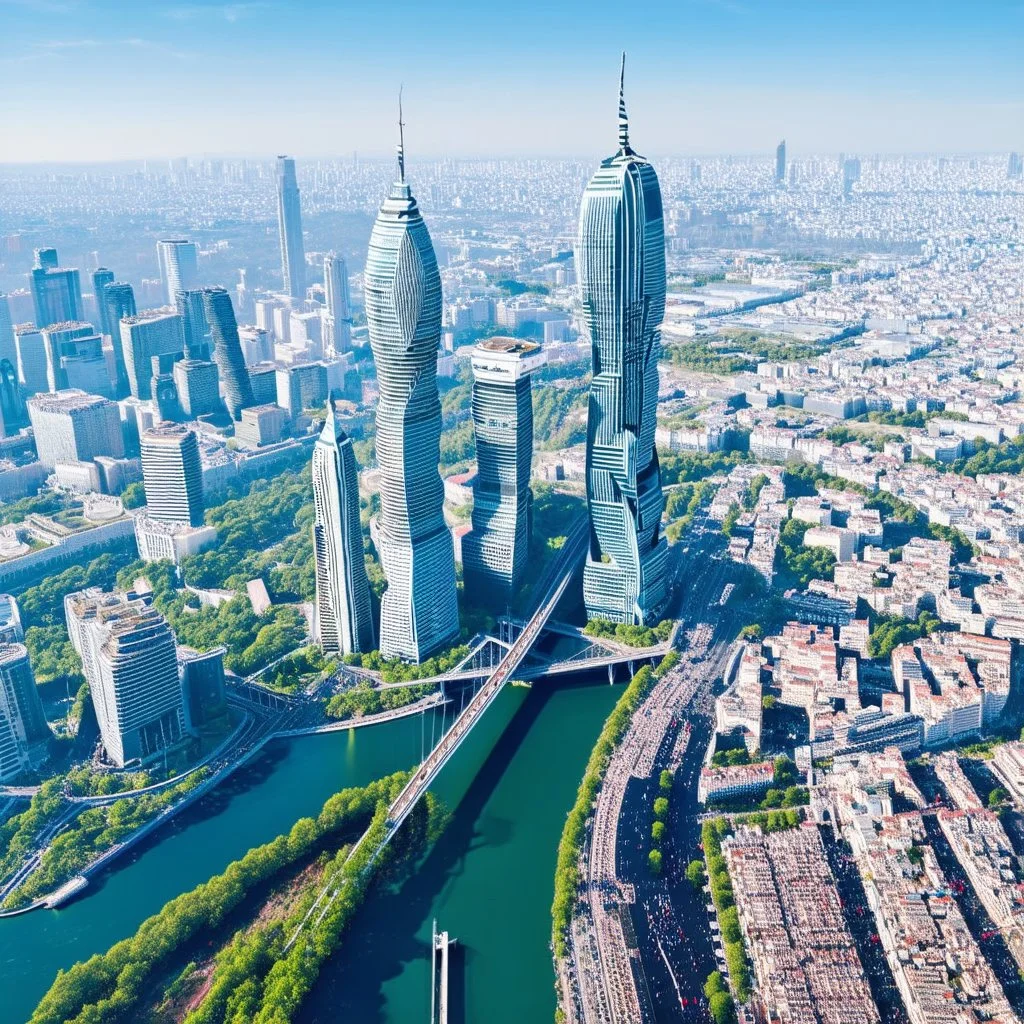 Aerial view of city on a (((twin planet))) of Earth in another galaxy, showing a diverse community. The skyline is dominated by tall skyscrapers with modern futuristic architectural designs, the streets are filled with people from diverse backgrounds. In the distance, a majestic bridge crosses a river and connects the city with a beautiful park on the other side.