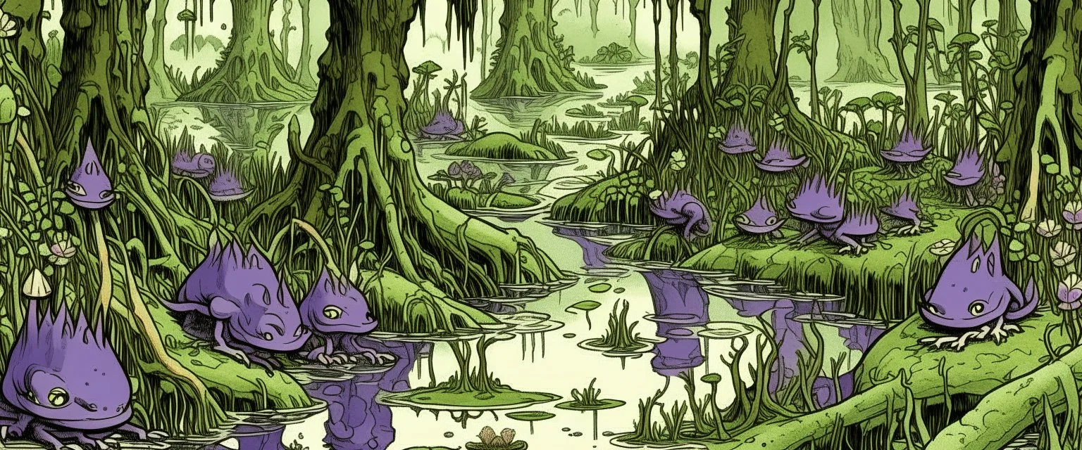 A violet poisonous swamp with frogs designed in Bayeux tapestry painted by Albrecht Durer