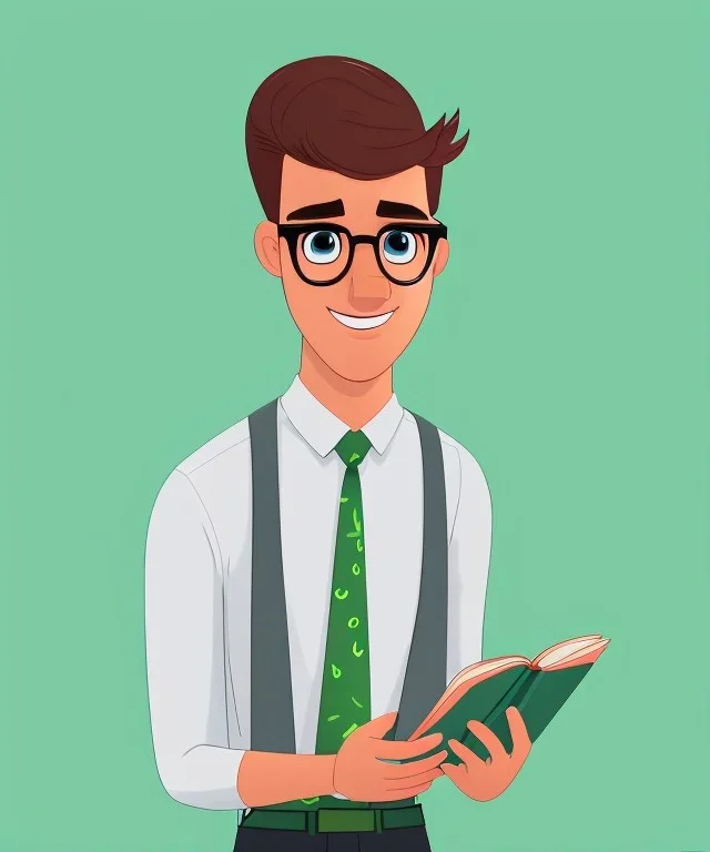 Fit man in round glasses with bookshelf in background,no beard, reading book, slim, tie, monotone, green eyes, comic book style, two tone colours, detailed, ink, realistic, handsome, square jaw, big brows, no jacket, bird on the shoulder, spotlight