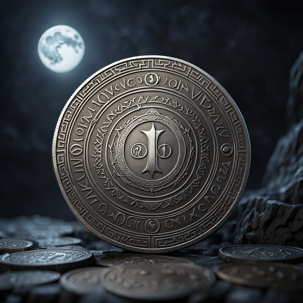 a silver coin called a moon standing on edge. ancient viking runes. flat coin. show one whole coin front on at a distance. fantasy concept art, exquisite realism, a masterpiece, dynamic lighting, hyper detailed, intricately detailed, deep color, Unreal Engine, volumetric lighting , Epic cinematic brilliant stunning intricate meticulously detailed dramatic atmospheric maximal,