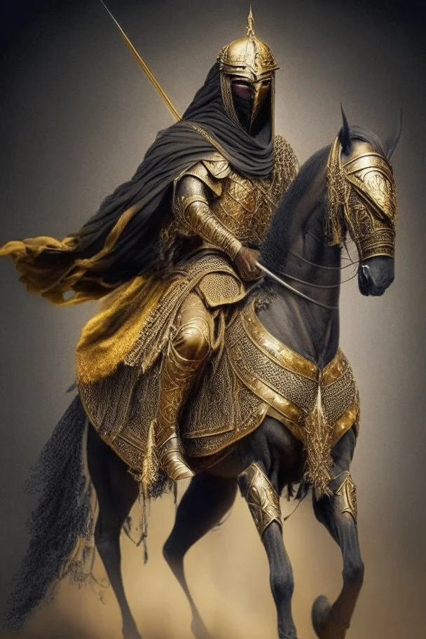 Arab warrior Full Body Full Armored Wearing Face Masculine Mysterious Powerful Fantasy High Quality Carrying his bow Golden clothes His horse behind him