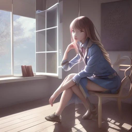 Anime, female student studying under window, studying lesson, perfect face, cool face, ultra detail, unreal engine 5, cinema4d, sun light, studio lighting --ar 1:1 --v 4