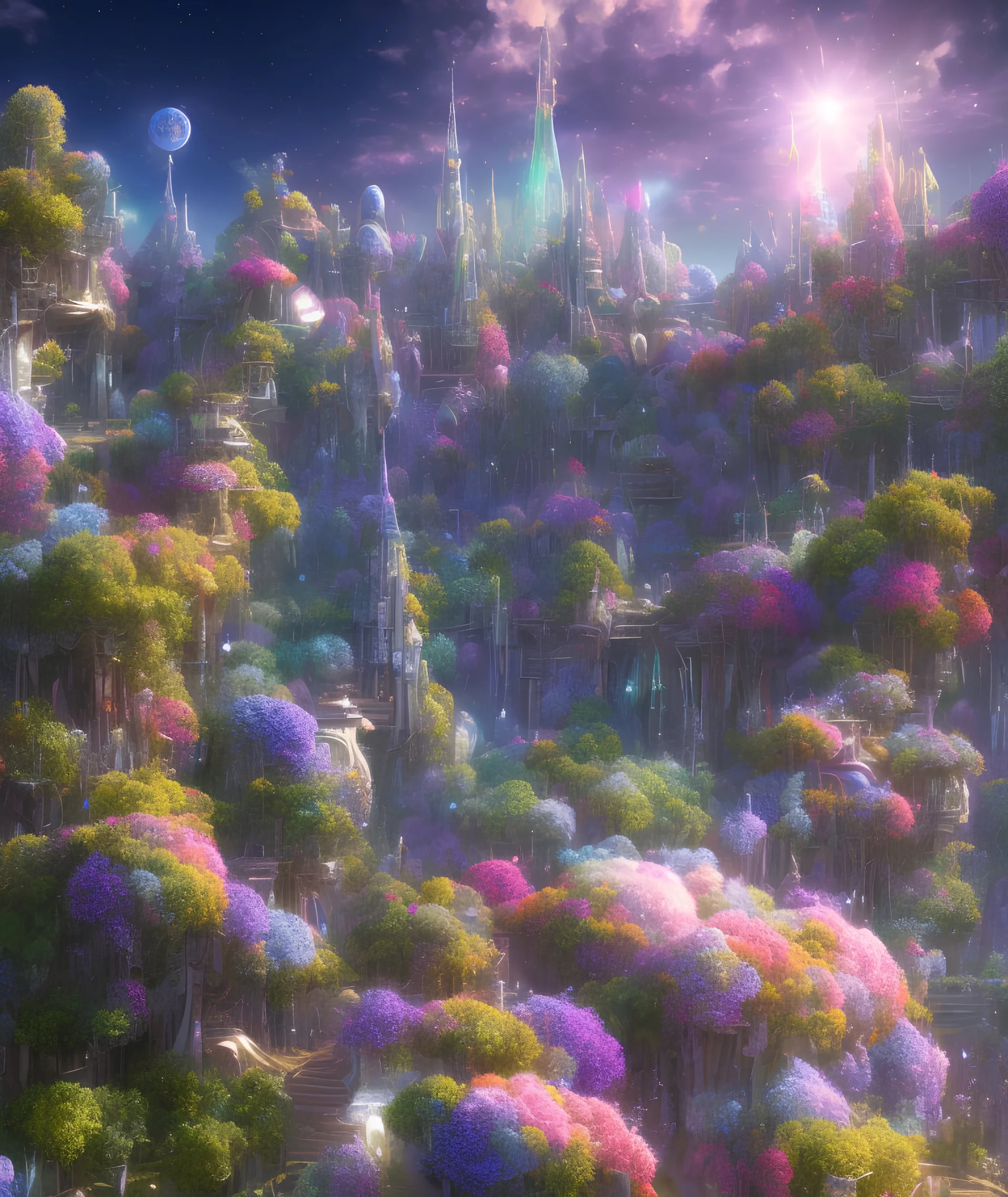 crystal cosmic and galactic ambiance hill sky sunny flowers stairs trees futuristic landscape, full of details, smooth, bright sunshine，soft light atmosphere, light effect，vaporwave colorful, concept art, smooth, extremely sharp detail, finely tuned detail, ultra high definition, 8 k, unreal engine 5, ultra sharp focus