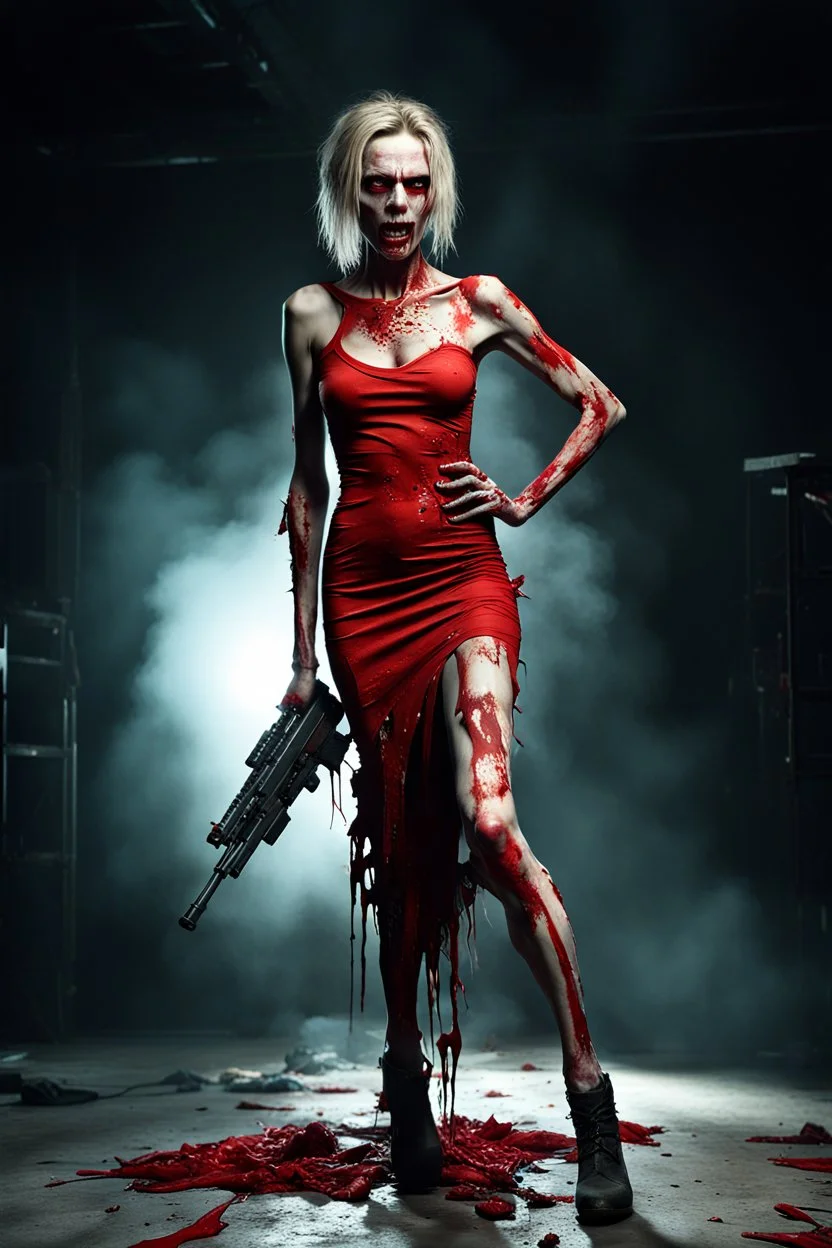 12k ultra-high-definition rendering of a zombie model in a photo studio ,The zombie, adorned in a red ripped tight dress, ripped sideways from top to bottom, long slit, shoes are fashionable platforms, big gun on side thigh, exudes a sinister aura under the studio's dark and mysterious lighting