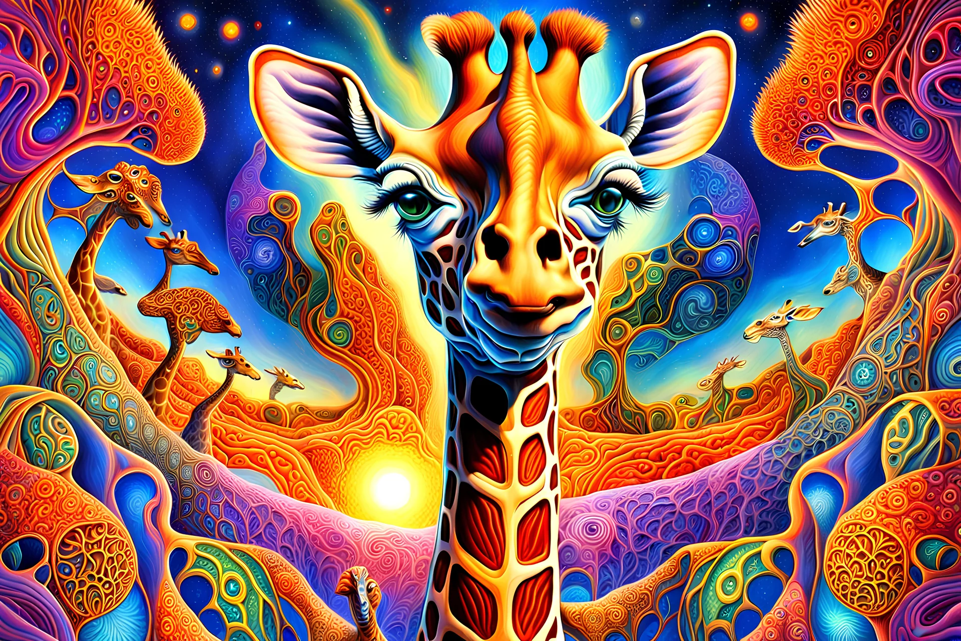 Giraffe Surreal DMT Dimension with vibrant and kaleidoscopic visuals, otherworldly landscapes, intricate geometric patterns, ethereal beings, cosmic energy, glowing fractals, immersive depth of field, cinematic lighting, masterful digital painting by Alex Grey and Android Jones, 8k resolution