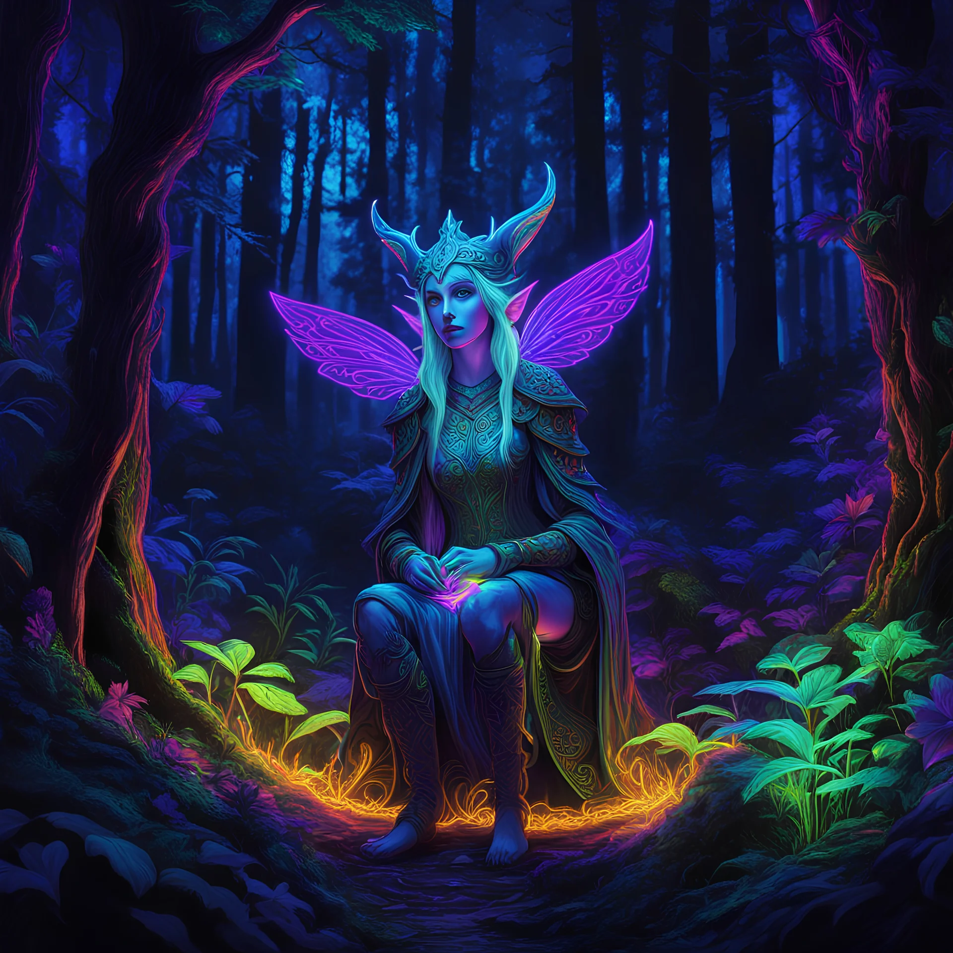 A black light painting of an intricate folk art gorgeus elf in the forest. Neon glow, UV light. fantasy,colorful8k resolution concept art, Greg Rutkowski,SIXMOREVODKA, pastel color, Nighttime Lighting, digital illustration, 4K, Hyperdetailed, Intricate Details, 3D shading, Art of Illusion