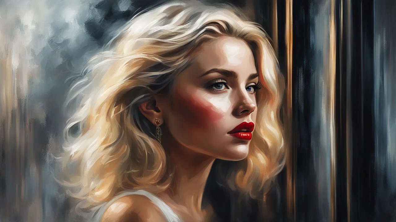 abstract digital art, impressionism, blurry look and feel, byzantine alcohol oil painting of a stunning woman with blonde hair and red lips, earrings, freckles, standing by a window, Disney noir style, masterpiece, 32k resolution, hyper detail, fine details, brush strokes airbrushed, foggy feel and view, on canvas, magic, 8k concept art, moody lighting, hyper detail, intricate detail