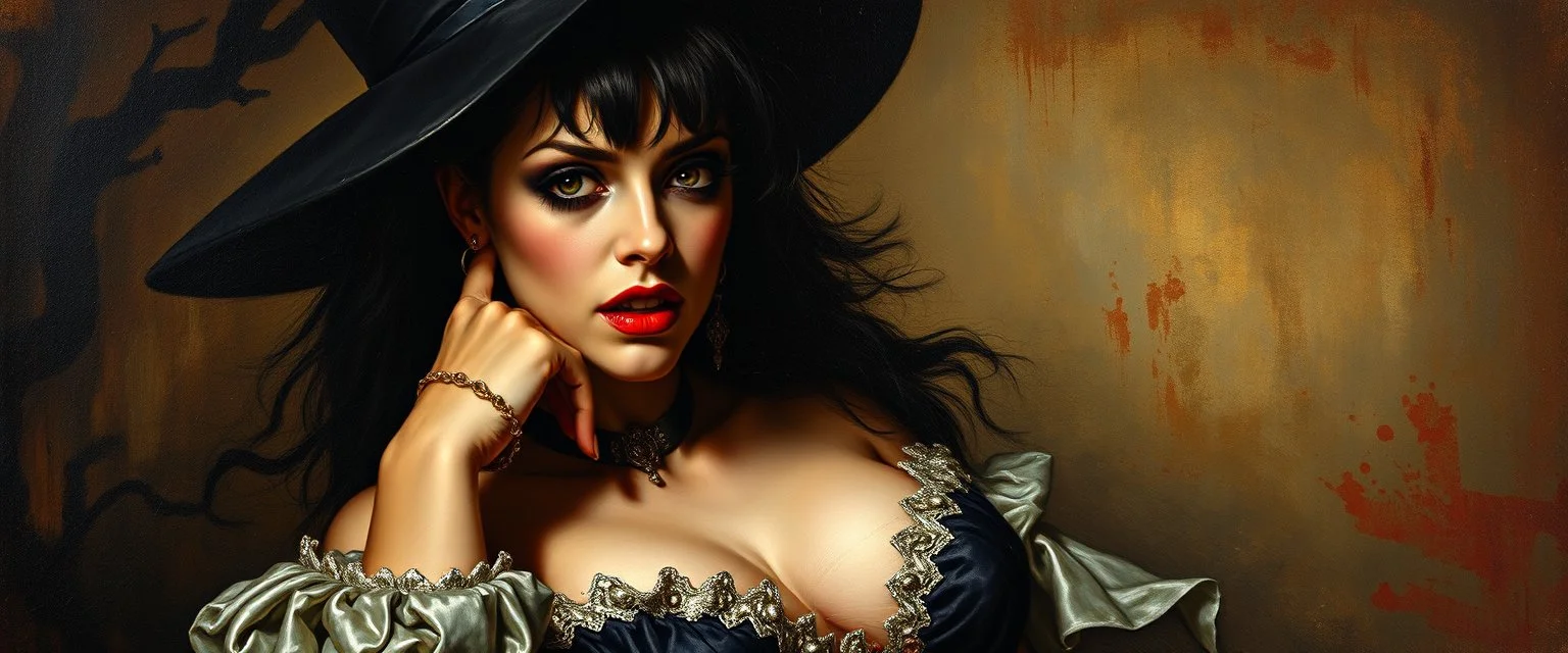 master oil painting by Rembrandt, good afternoon bitch scary hot seductive female vampire stylistic poster