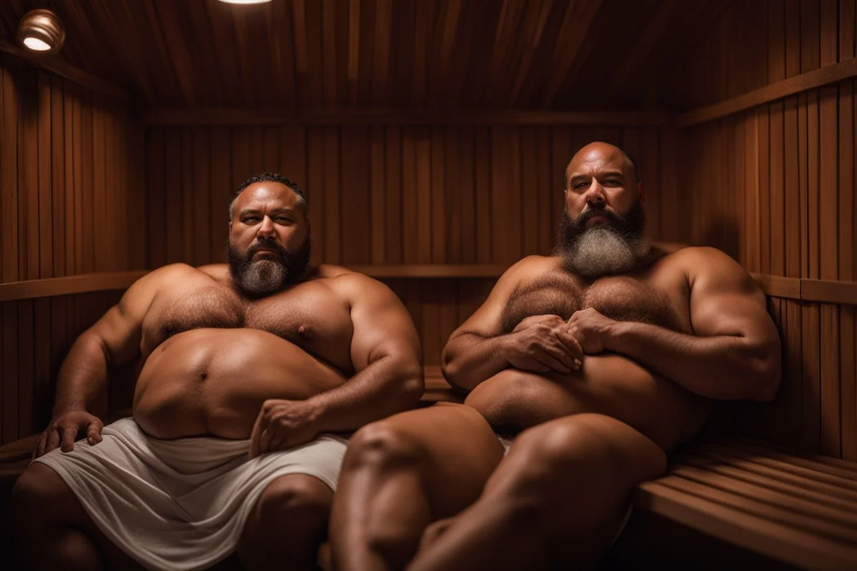 full body shot photography, two muscular chubby ugly burly marocan men , sweat, bulge, masculine hairy 43 year old man, curly hair, manly chest, curly beard ,big shoulders, big arms, big legs, bulge,, ambient occlusion , lying down sleeping in a steamy Sauna, super high resolution, 8k, dim light, side light, ultra hyper realistic, frontal view