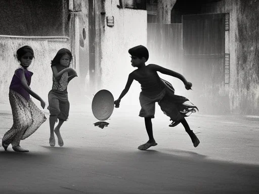 children playing on the indian street capture them against the sun and make an art silhouette, details, sharp, black and white 8k