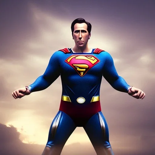 nicholas cage as superman, dramatic, cityscape background, dramatic lighting, volumetric lighting, hyperrealisme, 8k, high quality, photorealistic, lot of details