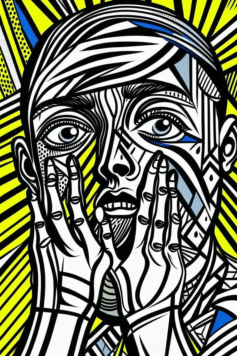 tribal man in grief with hands on face crazy shapes pencil draw style of roy lichtenstein