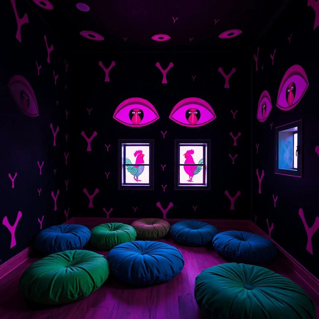 Fotografia di stanza oscuro weirdcore dai colori vivaci. Le pareti sono dipinte di nero chiaro con y stilizzate e dettagli come galli. Ci sono occhi rosa con finestrelle quadrate, che danno un senso distopico e molto surreale. Sul pavimento ci sono i rotonde e morbide, alcune verdi e altre blu, disposte in modo casuale. L'atmosfera generale sembra noiosa e onirica, con un contrasto tra elementi reali ed elementi dipinti
