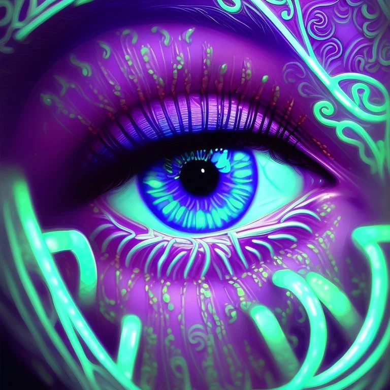 Close-up of mystical eyes, neon glow, intricate iris patterns, digital art style