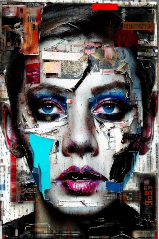 Ultra detailed medium portrait painting of a beautiful but abused woman, she is crying and upset, masking tape on her mouth, blue brushed eye, chaos dark background,torn up collage of photo clippings, broken circuitry background, matrix effects, punk visual art, punk art aesthetic, graffiti art, pop surrealism, collage art, cluttered paint glitches