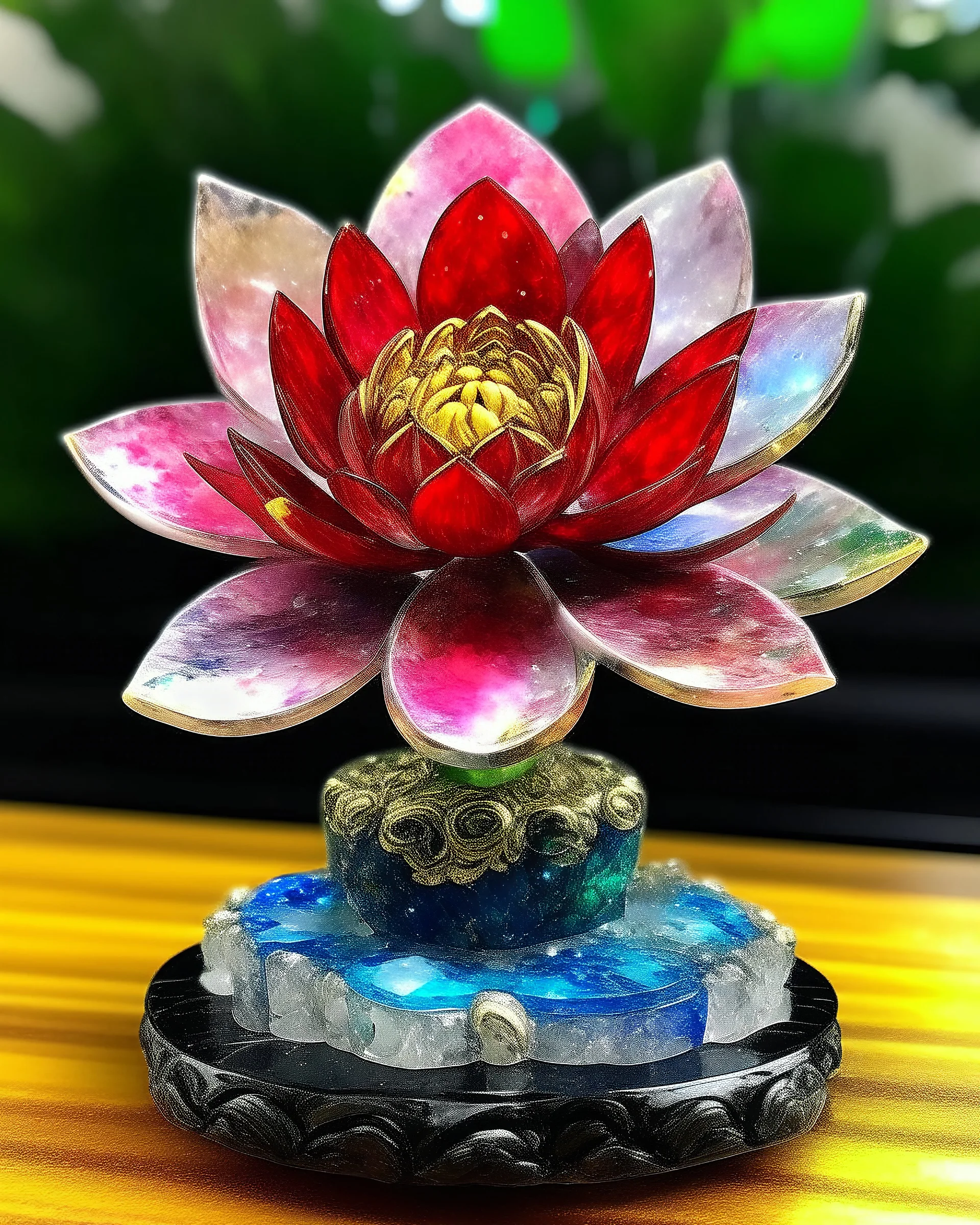 ((high quality) (lotus flower made of gemstones) (Galaxy background)) held on a pedestal
