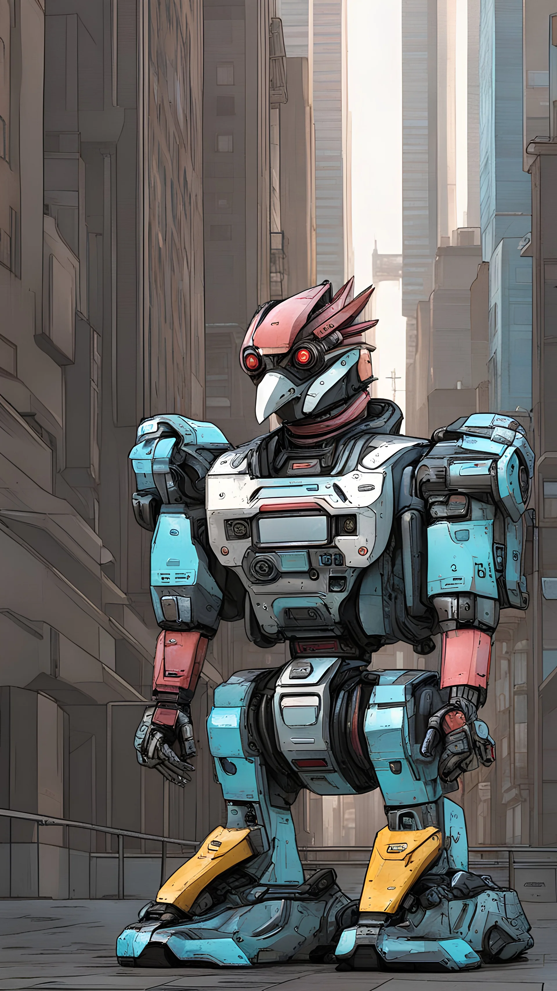 Dollar paper CHICKEN robot, sci-fi, cyberpunk, full body, ultra realistic, virtual reality, cyberpunk city and colors