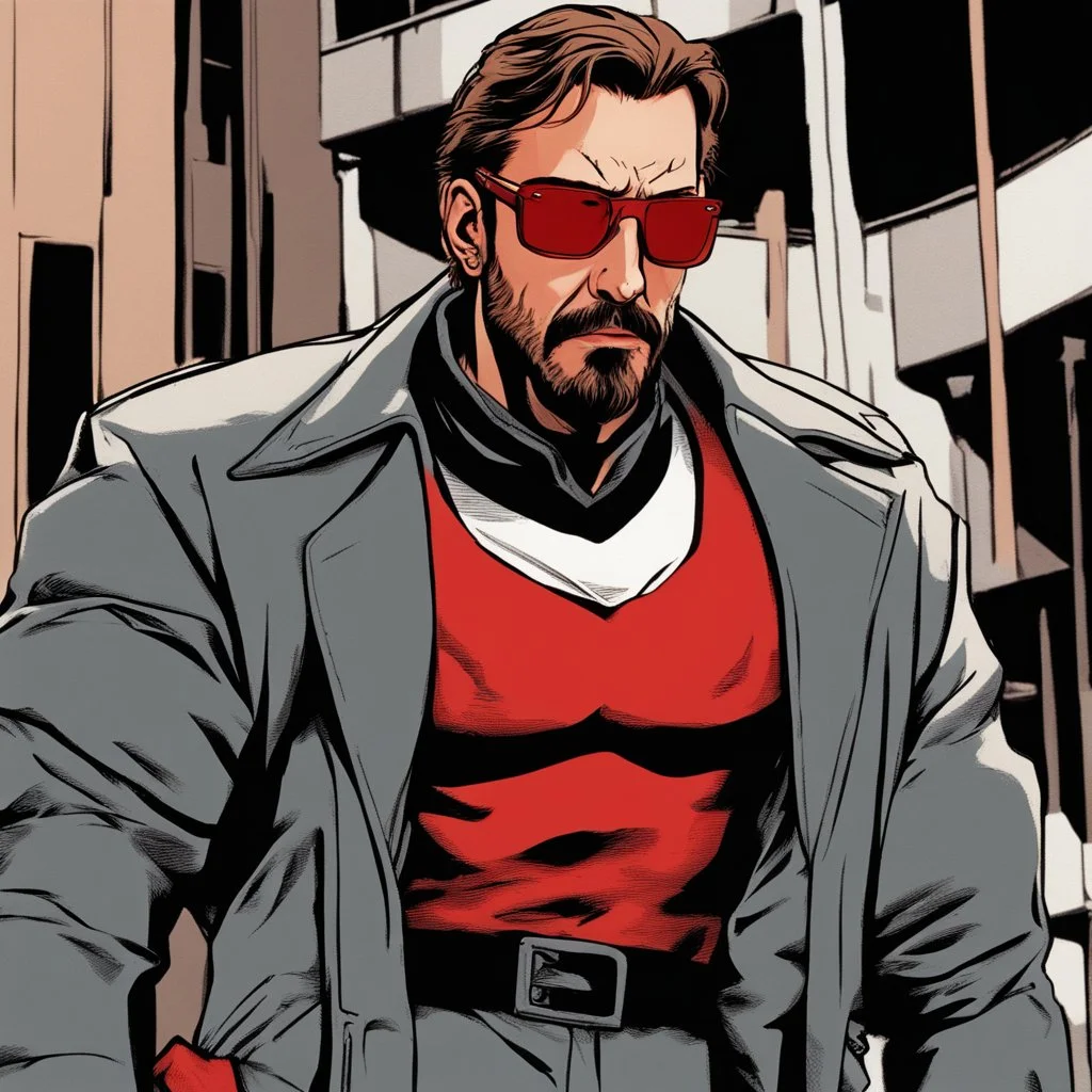 a young man with big muscles who looks like hans gruber wearing a turtleneck and red sunglasses staring with an angry look on his face