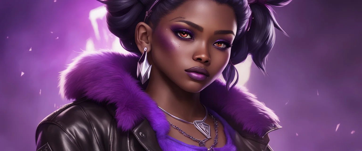 arcane tv show style, league of legends, solo, 1girl, attractive teenager, african, dark skin, dark-brown eyes, black hair, pair buns, (violet strand in forehead bang), necklace, earrings, modern makeup, (detailed skin texture), old leather jacket with violet fur collar, oversized torn t-shirt with half-erased unknown music group logo, You can see through the wide holes in the t-shirt her acid-green sport top, dark background, bokeh, cinematic atmosphere