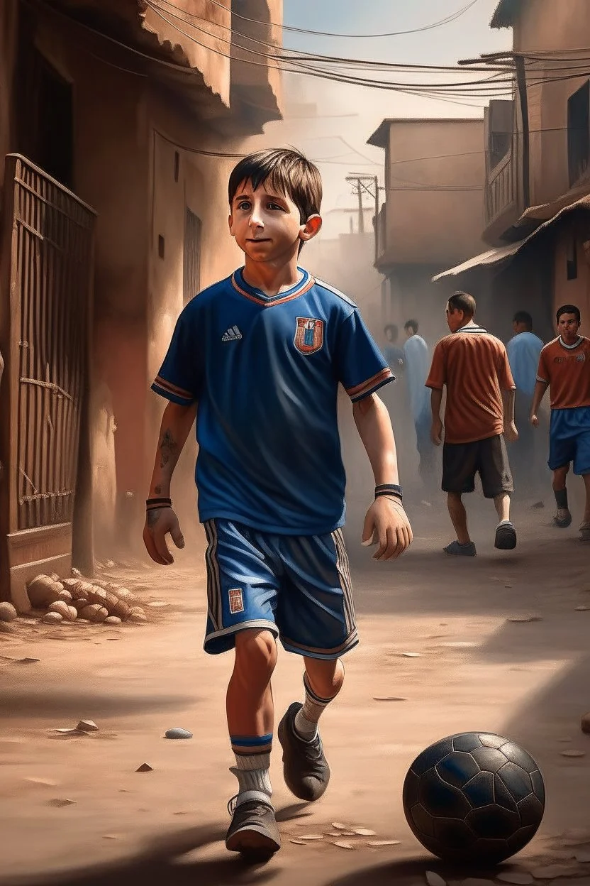 Lionel Messi, young boy, detailed, hyperrealistic, playing football in a dusty street of Rosario, Argentina. Short dark brown hair, average height, wearing a Newell's Old Boys jersey.