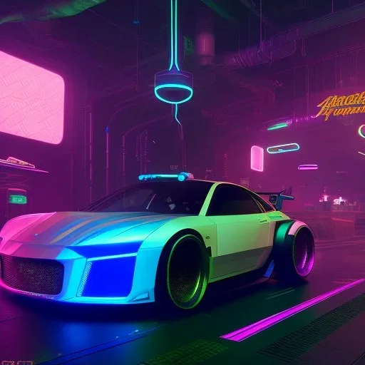 cyberpunk hyper car,cyberpunk 2077, ultra realistic,shiny, smooth, studio quality, octane render, Surrealism, Triadic colour scheme,glow-stick, ambient lighting,nightclub lighting, polaroid, 100mm, --ar 3:2 --v4