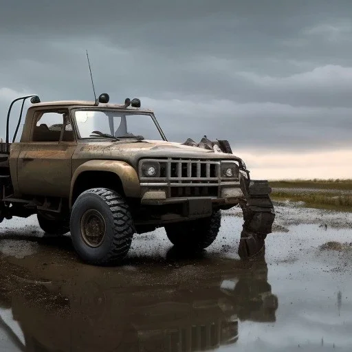 hyperrealistic shot, muddy military toy truck, monotone color palette, sharp focus, puddle reflection, tire water splash, refraction, mist on the horizon, shadowcast, detailed and intricate, cinematic composition, micro, tilt shift photography