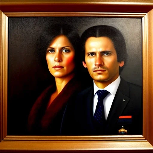 portrait of Jacobo Santiago Mozos born in 1976 and Gemma Arnau Arnau born in 1979, oil on canvas, cinematic composition, extreme detail,8k,fit full head inside picture,