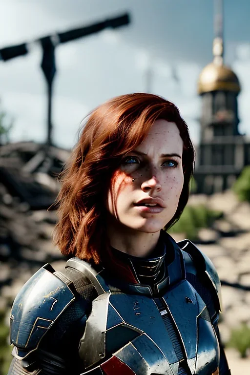 ultrarealistic, ruined city,__mass effect armor__, __angles__, 19 year old woman, strikingly beautiful, ginger hair, silver colour, [__starlets__|__starlets__], (pale __skincolor__ skin:1.2), __camera__, _hair_, detailed face and eyes, medium breasts, leather choker, freckles, dynamic pose, resolved expression, __accessory__, strappy outfit, (straps:1.1), sword in scabard on left hip, (buckles, buttons, snaps, rings:1.0), haltertop style breastplate, detailed eyes, plump lips, sci-fi theme