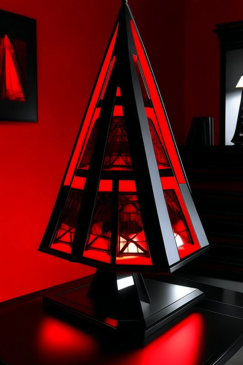 gaming table lamp inspired by klcc tower buliding architecture futuristic-modern stlye. piramid form, red and black color scheme