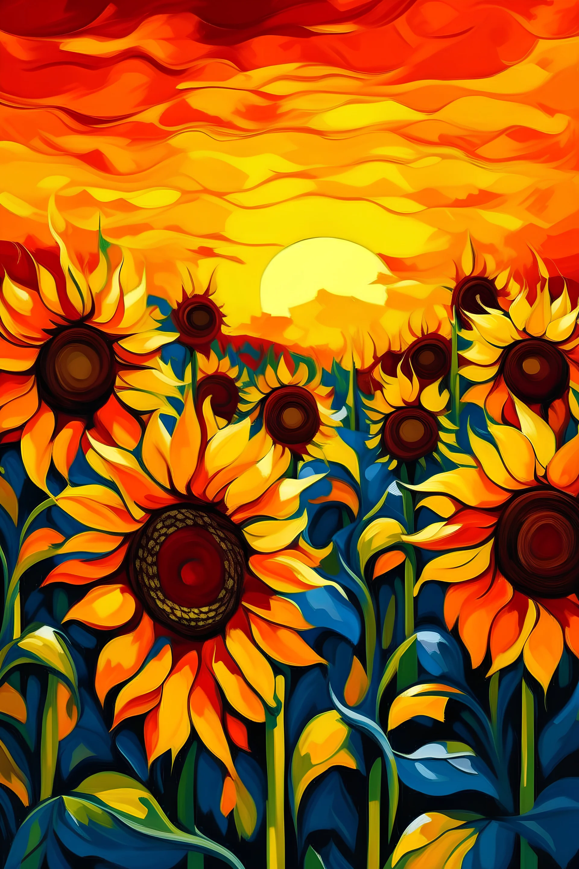 Pintura abstrata de girassóis no por do sol