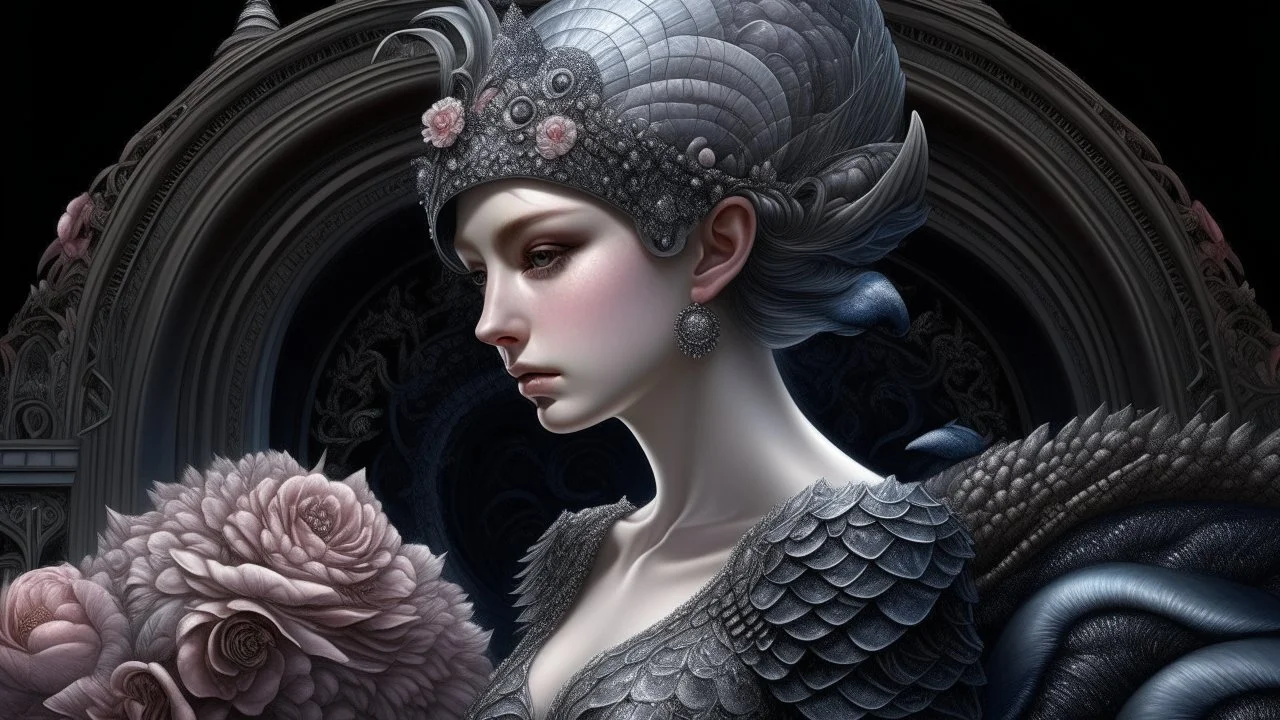 Beautiful bioluminescense black and silver humanoid lady snail textured detailed lace ornate house portrait, adorned with white and pink flower dust, pink rose and black rose silver dust beads, wearing diadem headress, wearing Renaissance costume, organic bio spinal ribbed detail of Renaissance textured bioluminescense watery floral silver floral dust creative background maximálist hyperrealistic concept art