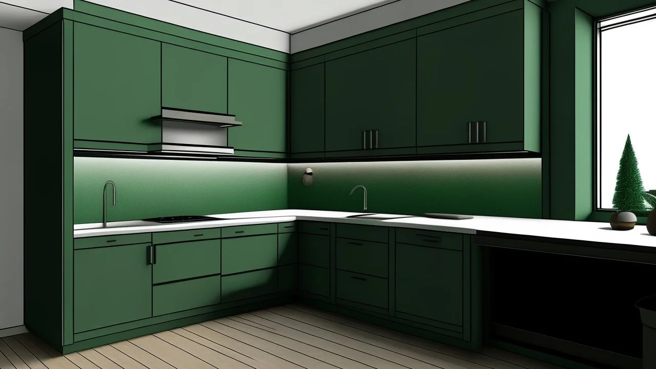 kitchen with dark green furniture, forest wallpaper on a white wall, on the left side next to the window there is a microwave and oven installed in the furniture, and on the right side 5 cm from the induction hob and a kitchen hood above it,