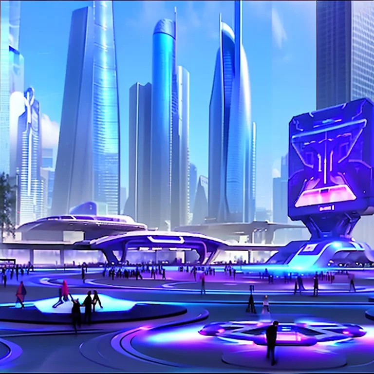 A group of people gather in a futuristic plaza, surrounded by towering skyscrapers and holographic advertisements. The plaza is filled with blue and purple light, and flying vehicles can be seen in the background.