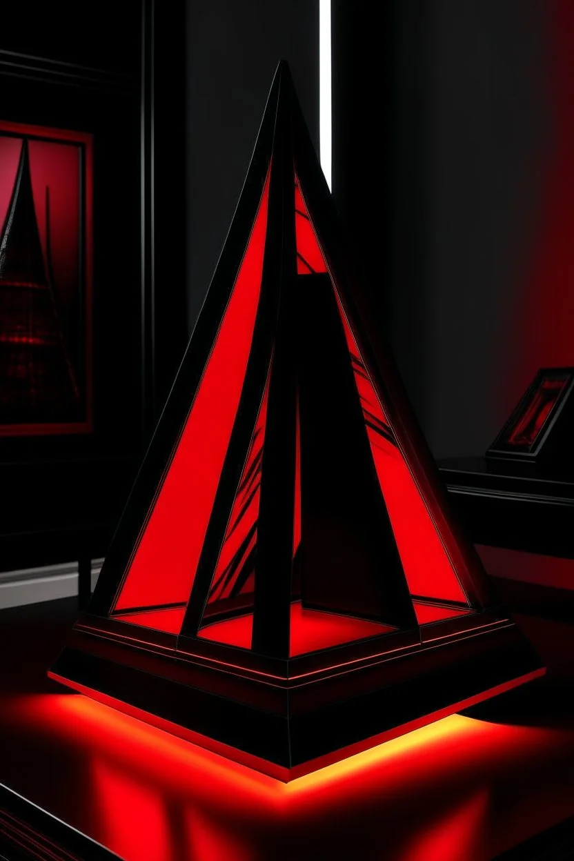 gaming table lamp inspired by klcc tower buliding architecture futuristic-modern stlye. piramid form, red and black color scheme