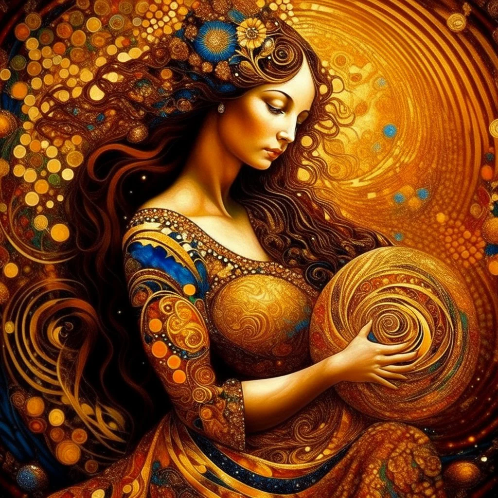 🔥 PROMPT: A stunning painting in the style of Gustav Klimt depicting a woman with long hair in a full-body portrait. The artwork features golden circles and swirls, a shimmering gold leaf background, and rich, detailed colors. This intricate piece exemplifies the Art Deco movement with its masterful design and vibrant elements.