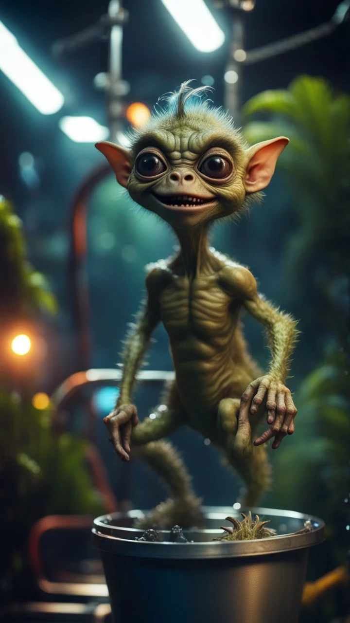 close up portrait of an alien gremlin with arm hair standing on a sea horse in a bucket ski lift in dark lit reflective wet jungle metallic hall dome hotel tunnel, in the style of a game,bokeh like f/0.8, tilt-shift lens 8k, high detail, smooth render, down-light, unreal engine, prize winning