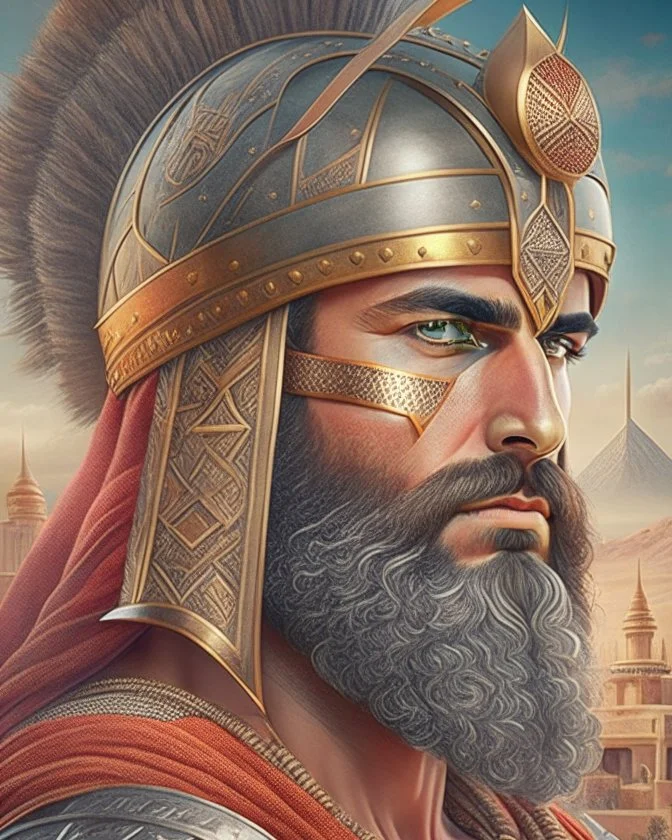 Mesopotamian warrior, expression serious, aura, portrait, background Mesopotamian city, comic style, long beard, helmet,