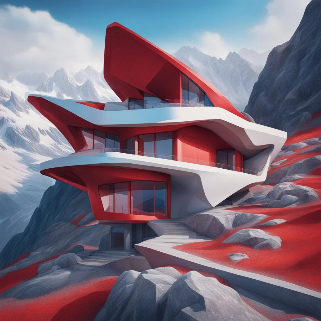 Aerial view Zaha Hadid style mountain hut, digital art, hyper-detailed, red and blue colors, 8k oil painting