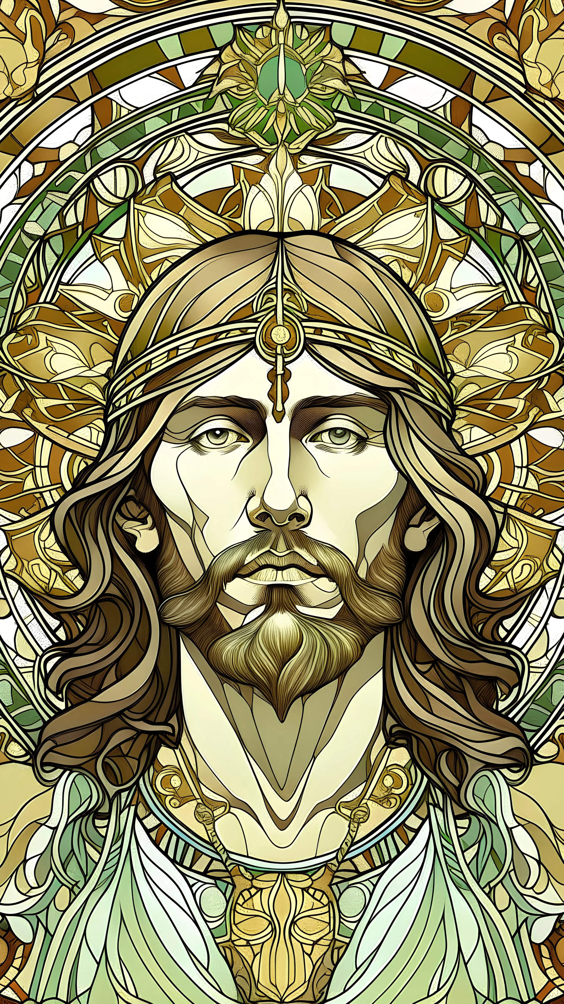 jesus portrait| centered | symmetrical | key visual | intricate | highly detailed | iconic | precise lineart | vibrant | comprehensive cinematic | alphonse mucha style illustration | very high resolution | sharp focus | poster | no watermarks, plain background