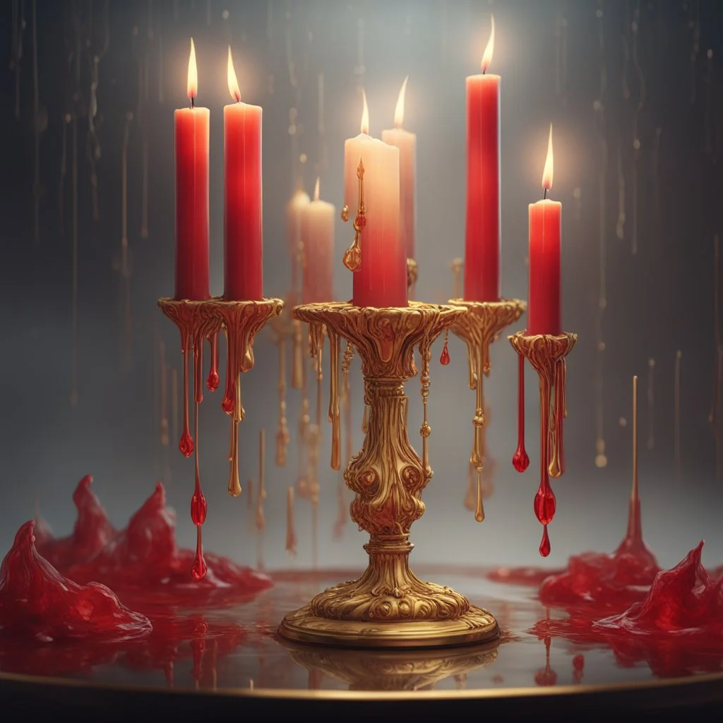 Red candles on a gold candlestick, dripping wax. Illustrative art, art interpretation, concept art, cgsociety contest winner, seasonal art, seasonal art HD, 4k, 8k, intricate, detailed, intricately detailed, luminous, translucent fantasy crystal, holographic data, soft body, shadow play, light, fog, atmospheric, cinematic, light film, hyper-detailed, hyper-realistic, masterpiece, atmospheric, high resolution, 8k, HDR, 500px, mysterious and artistic digital art, phototic, intricate, f