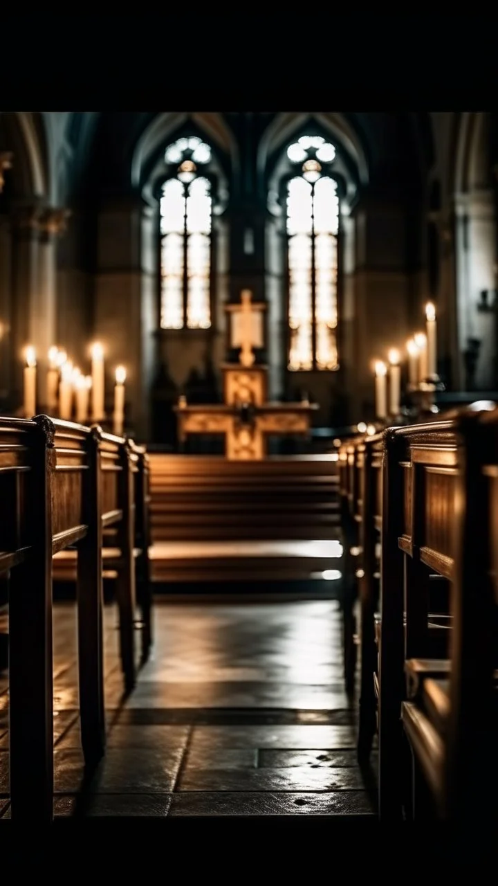 a rear view of a handicapped man sitting on a bench in the church facing a Jesus on the cross and candles, show from the back