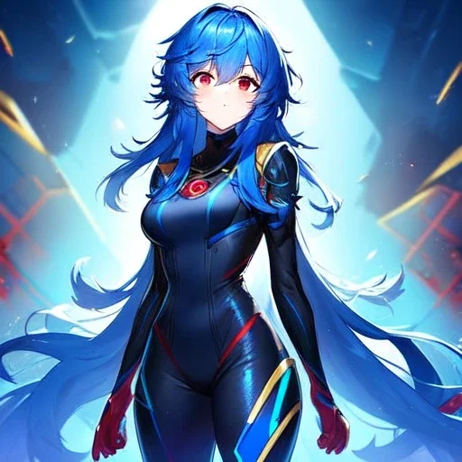 girl, masterpiece, best quality, volumetric lighting, dynamic pose, detailed outfit, perfect eyes, blue hair, red eyes, messy hair, long hair, body suit,