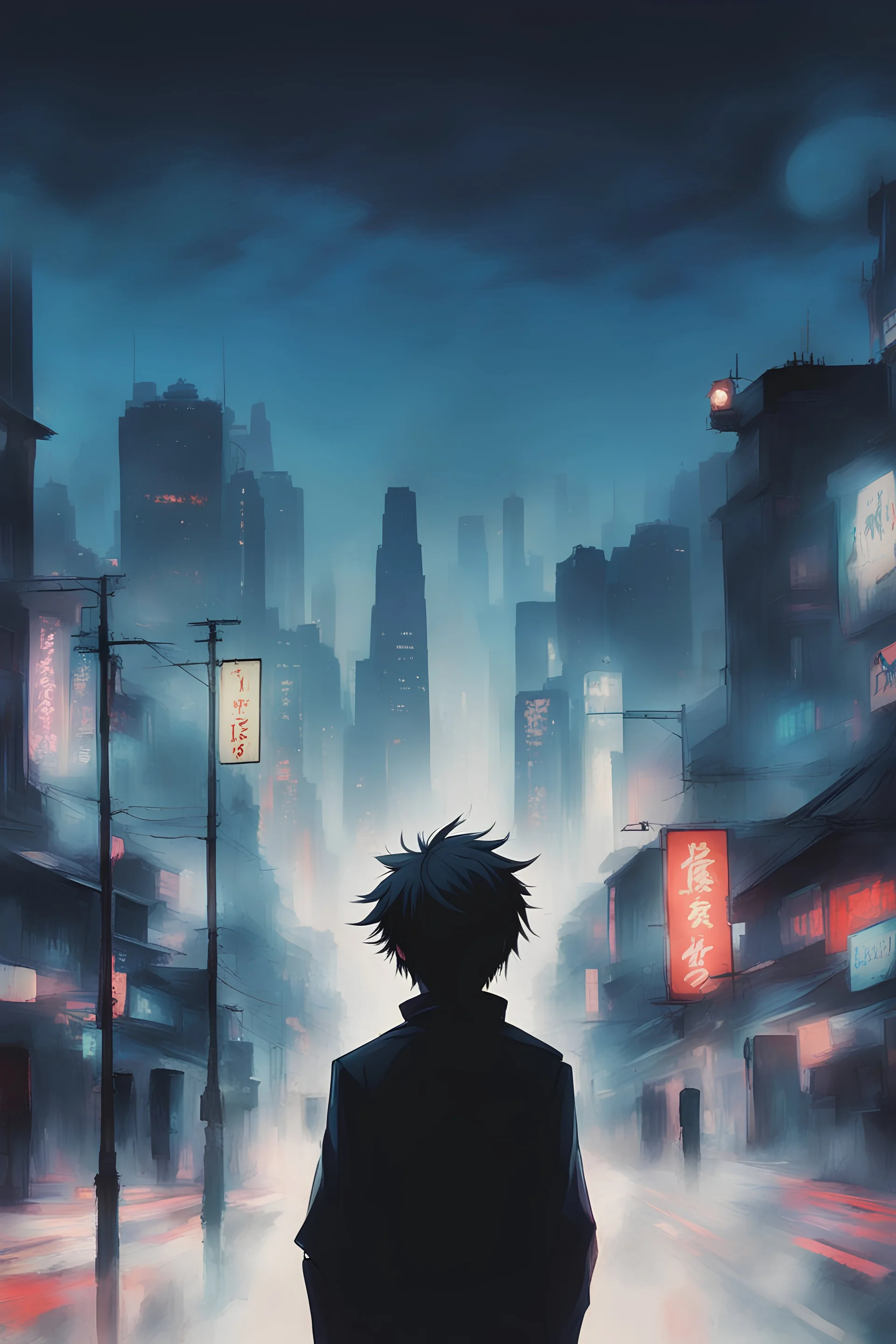 vibrant nightlife, Gojo-Sasuke fusion, flowing coat, neon glow, bold-sleek blend, modern-traditional mix, contemplative gaze, faded lights, unraveling secrets.