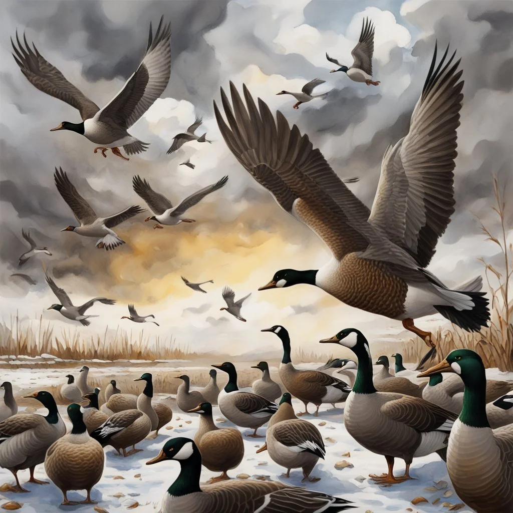 closeup image of a winter field of harvested corn, only the stubs left. scattered across the field are many Hyperrealistic alcohol ink oil illustration. Close up view of Groups of feeding/flying Canadian geese and Mallard ducks. the sky is gray and overcast and there are spots of accumulated snow. There is a lake and trees in the background. Natural colors. A cold feeling with a winter wind blowing and a strong winter sunset. Surreal mixed-media in the style of Thomas Kinkade, Norman Rockwell, a