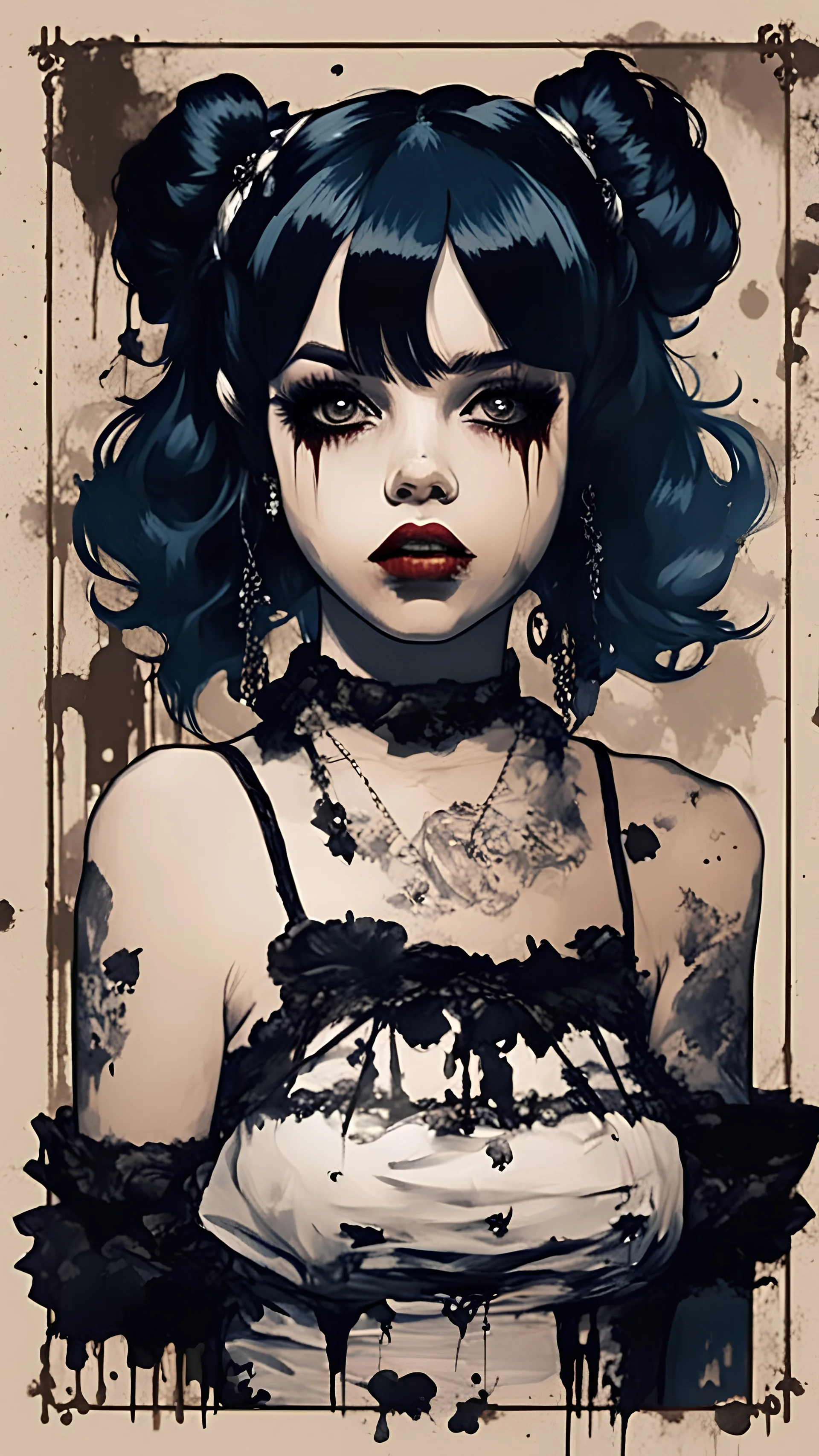 Poster in two gradually, a one side malevolent goth vampire girl face and other side the Singer Melanie Martinez face, full body, painting by Yoji Shinkawa, darkblue and sepia tones,