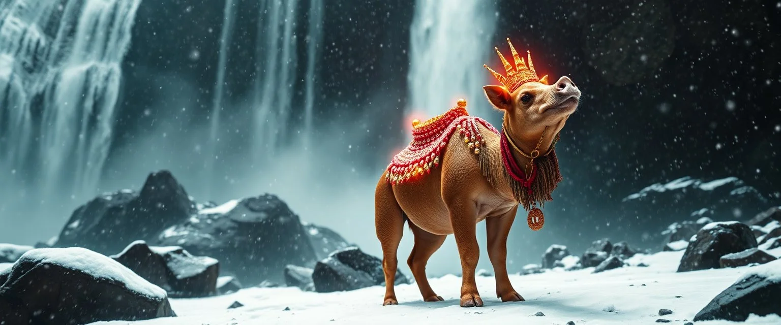 valley of the super happy guru explorer in deep trouble by the water fall, glitter disco glam luxury sadist spiked camel pig in snow storm, pen outline, motion blur, volume fog light