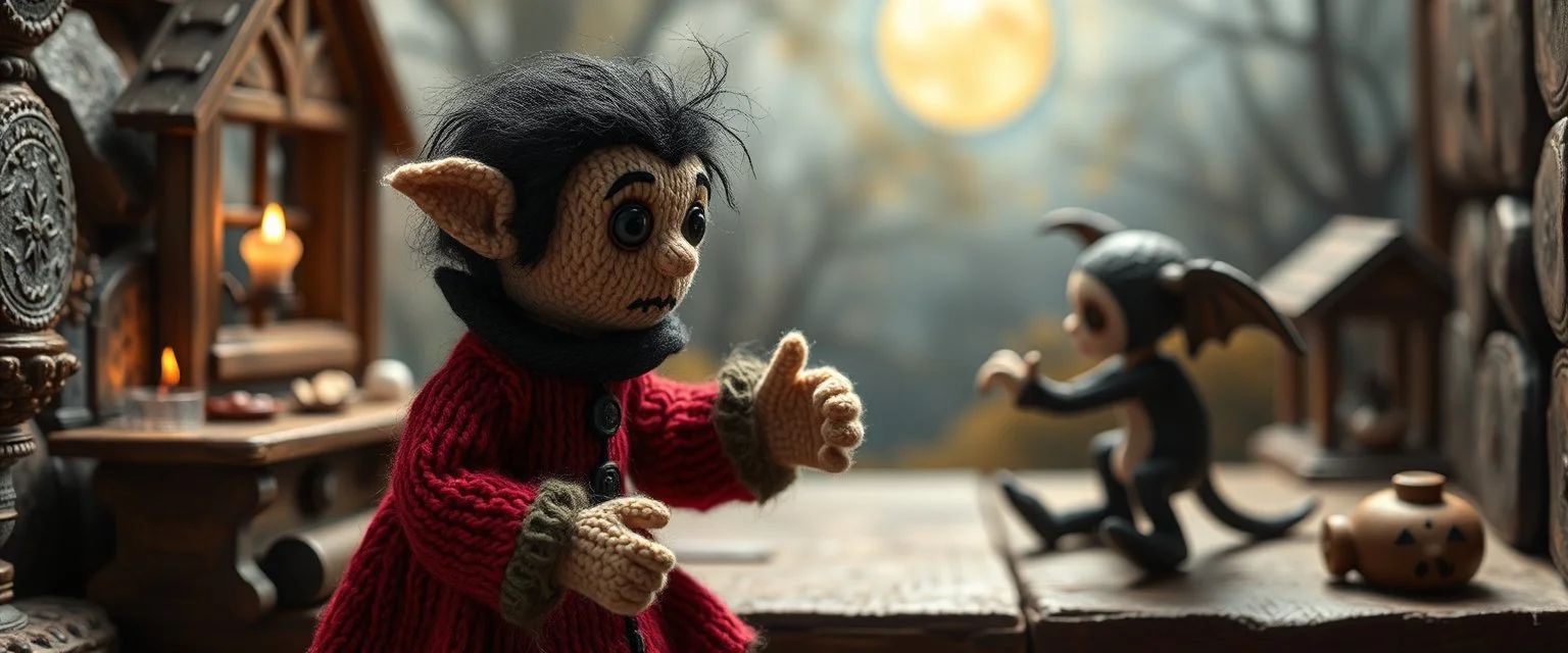 pin hole picture, miniatures on fake scene,master oil painting by Rembrandt, good afternoon disney bitch scary stone age vampire, close up on a stupid knitted doll trying to explain something weird