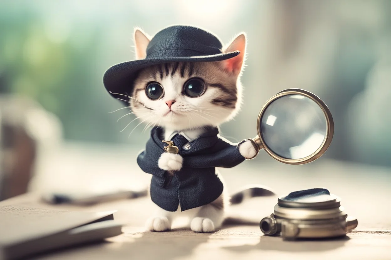 cute chibi spy cat in detective clothes and hat with magnifying glass, watching pictures with it in sunshine, ethereal, cinematic postprocessing, bokeh, dof