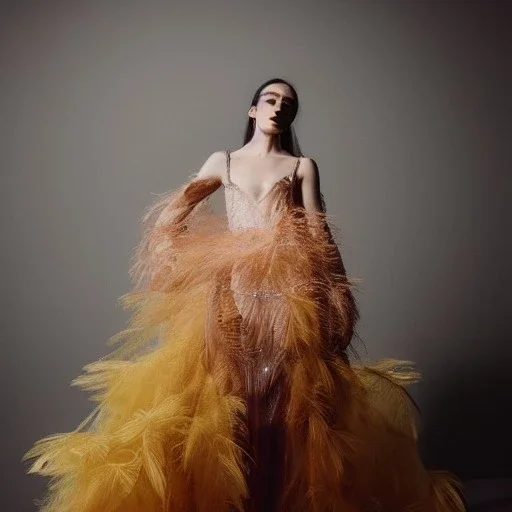 dress made out of feathers sequins and tulle, ethereal, heavenly, stunning colors, chiaroscuro, fashion photography, vogue, dramatic, beautiful lighting, delicate composition, aesthetic, ballerina, ballgown