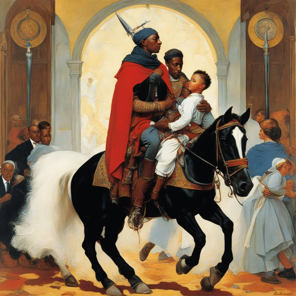 [art by Norman Rockwell] Leaving the chapel, Roupinho would mount his trusted steed, the rhythmic sound of hooves echoing in harmony with the beats of his heart. With the Black Madonna's blessings resonating within him, he would ride forth, his sword held high, ready to face whatever challenges lay ahead. As he rose from his knees, Roupinho would press a kiss to the hilt of his sword, his lips brushing against the cold steel. It was a gesture of reverence, a reminder of the duty he carried upon